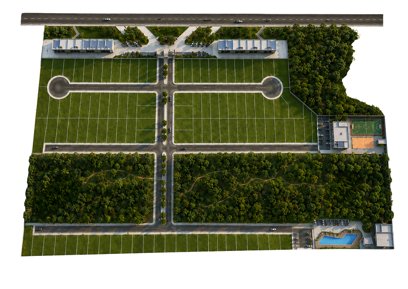 Vista aérea da implantação geral do masterplan do Reserva Salomão, com portaria, boulevard comercial, bosque preservado, quadra poliesportiva e piscinas