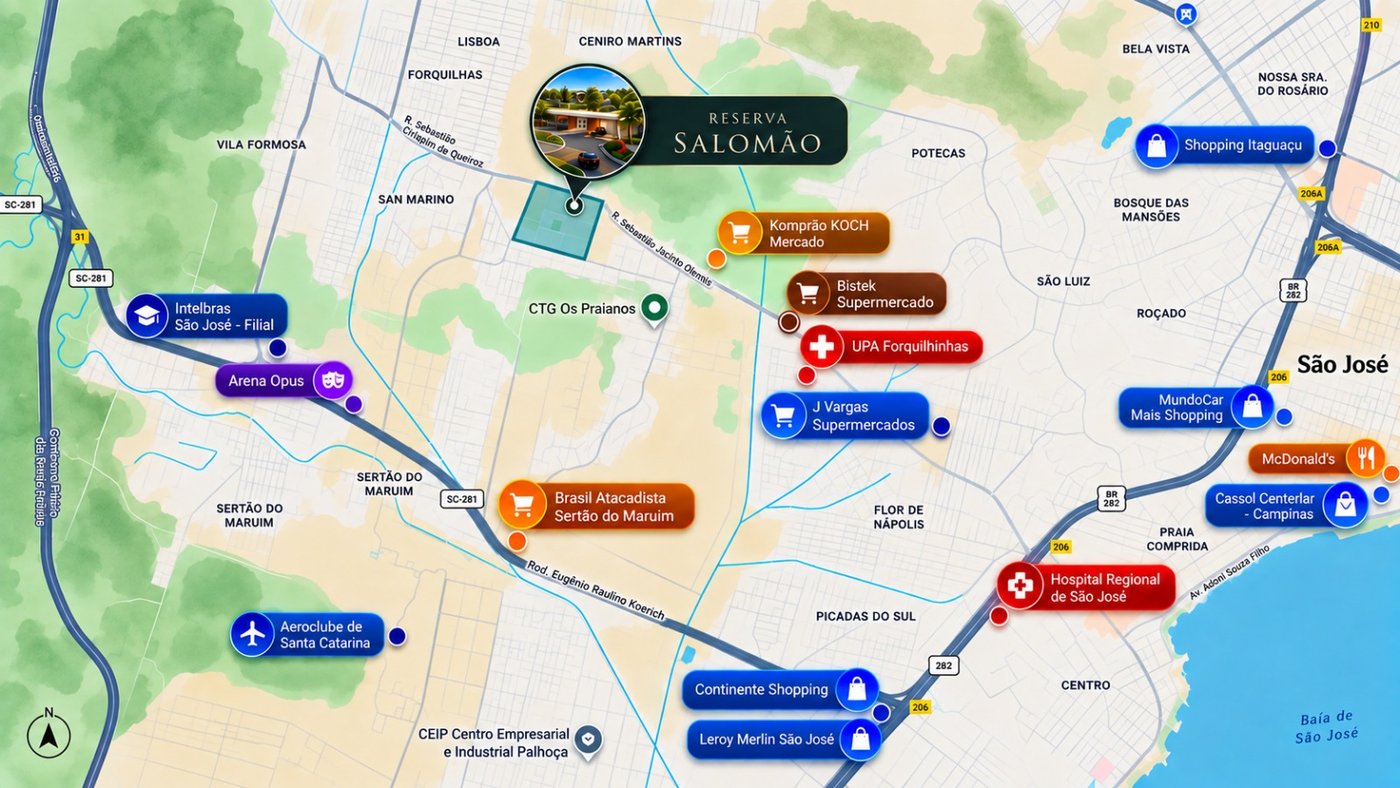 Mapa de localização do Reserva Salomão e pontos de referência no entorno, em Forquilhas, São José/SC